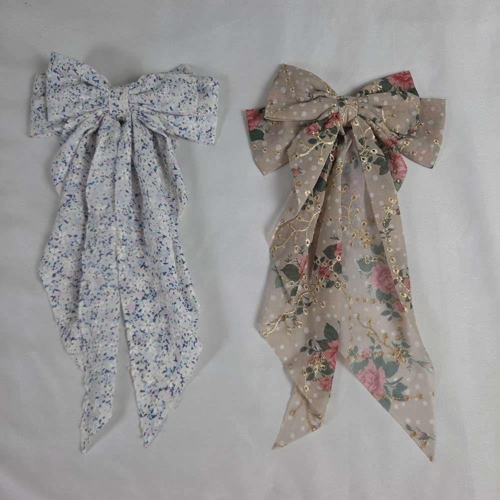 2 Vtg Floral Scarf Fabric Hair Bow Clip Tan Pink & White Blue Pastels